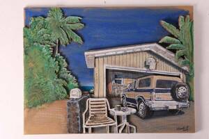 Art hand Auction Hawaiian art Oahu Waimea Garage Surfer Good old Hawaii Cardboard art Handmade, Handmade items, interior, miscellaneous goods, ornament, object