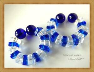 * unused * earrings manner! dark blue & clear glass beads earrings 2*19