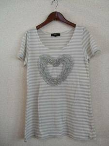 Disparkボーダーハート柄シフォン付Tシャツ（USED）40513