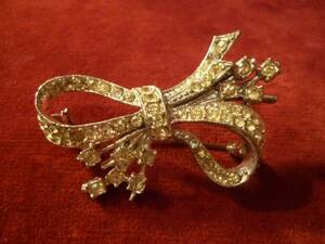  France 50's Vintage rhinestone brooch ribbon 30's formal costume jewelry Europe retro West antique ΓOT