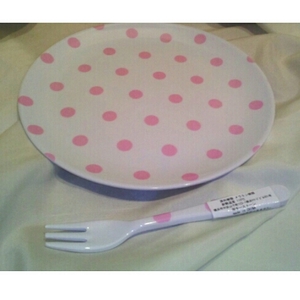  dot pattern :melamin. plate & Fork set { pink }