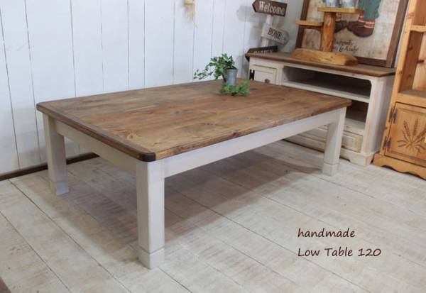 Handmade★Shabby low table 120 Antique white, handmade works, furniture, Chair, table, desk