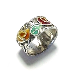 ★Handmade★One-of-a-kind★Red-brown/green cloisonne sterling silver ring, ring, silver, No. 15~