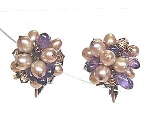 Art hand Auction ★手工制作★独一无二★米色珍珠和紫水晶胸花式耳环, 女士配饰, 耳环, 珍珠