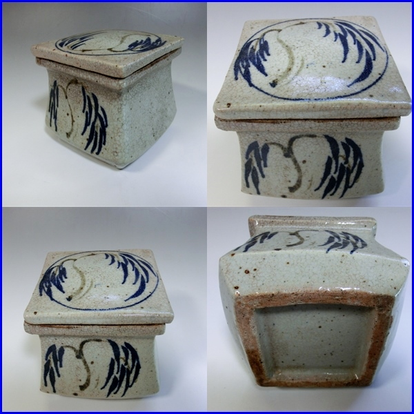 蓋物■柳の絵 古い染付貫入鉢 蓋鉢 四角 時代物 骨董品 古美術■ 蓋物□柳の絵 古い染付貫入鉢 蓋鉢 四角 時代物 骨董品