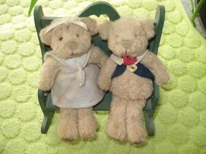 * retro goods * bear soft toy * pair * wooden bench * miniature * animal * interior *
