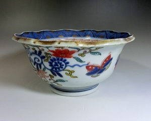 鉢■古い花唐草蝶紋 大鉢 菓子器 花弁型 古美術 時代物 骨董品(江戸後期～明治期)■