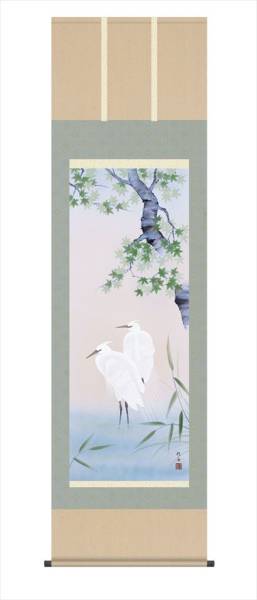 신작 족자 단풍백로 나가에 계수 샤쿠고 족자 꽃 화조화 여름, 그림, 일본화, 꽃과 새, 조수