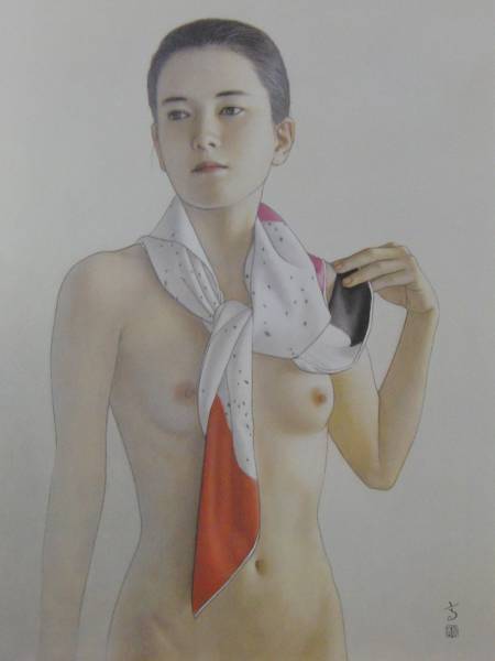 Shogo Takatsuka, Pañuelo de seda, Retrato de una mujer hermosa, De un libro de arte raro, Nuevo con marco, Cuadro, Pintura al óleo, Retratos