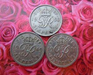 3枚セット 1949年-1951年 ラッキー英国6ペンス 美品です