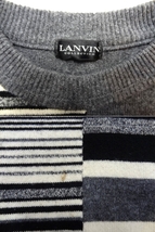 LANVIN ランバン モノトーン 白 黒 灰 段違い ボーダー 総柄 アシンメトリー デザイン ウール Cネック ニット ブラック ホワイト グレー 毛_画像3