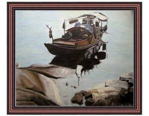 油絵 風景画 『岸辺のジャンク船』　F12号(50x60cm)