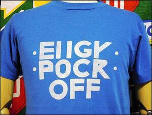 ☆・ELLGY・ ・ POCK・ ・ OFF・→FUCK OFF☆Made in USA製アメリカ製ビンテージプリントTシャツ80s80年代70s70年代青パロディー騙し絵