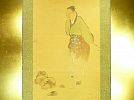 A_Old family storehouse in Tsugaru ~ Illustration of a fishing man watching over a dog sitting by the water (Figure of a person) Signed or unreadable, painting, Japanese painting, person, Bodhisattva