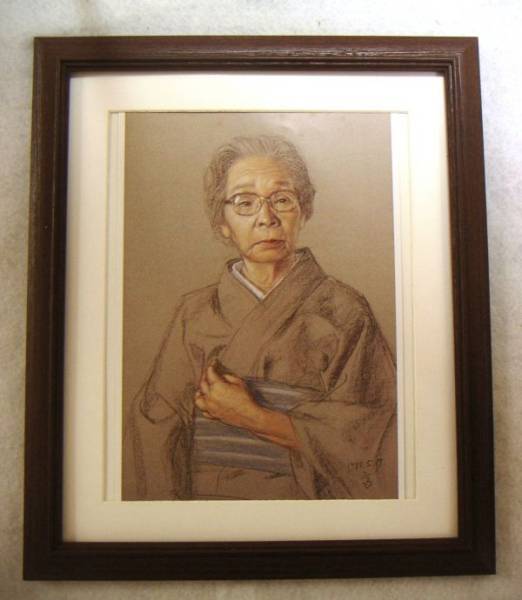 Shogo Takatsuka Pastel painting of an old woman offset reproduction with wooden frame - instant purchase, Artwork, Painting, Pastel drawing, Crayon drawing