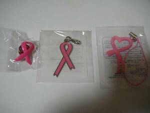  pink ribbon pin badge + strap + charm 3 kind 