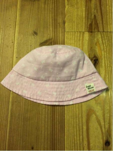 女の子ベビー用 リボン柄プリント 帽子 48㎝ ピンク