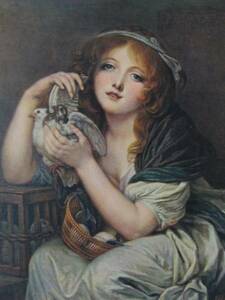 Art hand Auction Jeune fille tenant un pigeon/JB Greuze Super rare, Extrait d'un livre d'art d'il y a 100 ans, peinture, peinture à l'huile, portrait