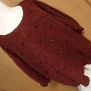 ■Flow and Fixture ドルマン 半袖ニット L ワイン色 黒ビーズ