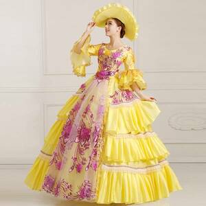 【KASYOSYOドレスショップ】無料オーダー カラードレスy061517　中世貴族風衣装ドレス 舞台衣装 ステージ衣装 黄色系色