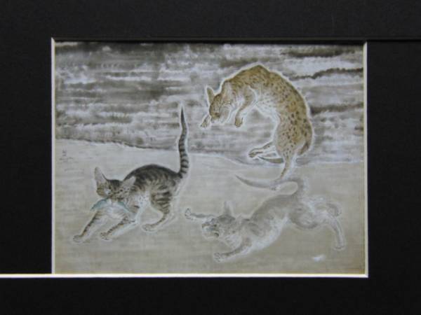 후지타 츠구하루, 물고기와 고양이 세 마리, 희귀한 예술 컬렉션에서, 새로운 프레임 포함, 그림, 오일 페인팅, 동물 그림