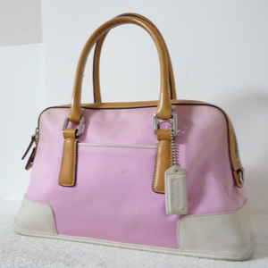 COACH Coach canvas leather light pink white Brown handbag lady's 