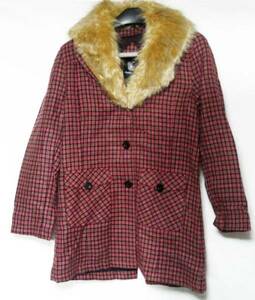 USA70's Vintage / collar fake fur / pink tartan coat 