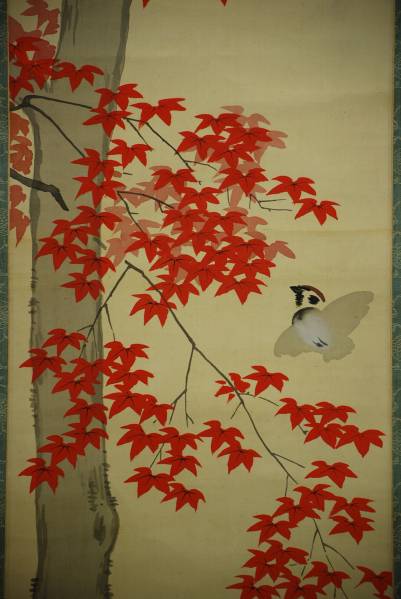 【真作】//錦香/紅葉に雀図/布袋屋掛軸HB-817, 絵画, 日本画, 花鳥, 鳥獣