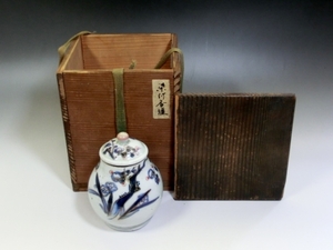 茶入れ■染付梅紋茶瓶 梅絵 金彩 茶壷 古箱 蓋物 お茶入 染付香炉箱 時代物 骨董品■