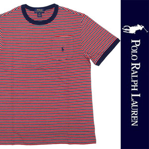 新品 POLO RALPH LAUREN BOYS S/S T-SHIRT ポロ ラルフローレン ボーイズ 半袖 Tシャツ レッド ネイビー ボーダー コットン L 正規品 91B