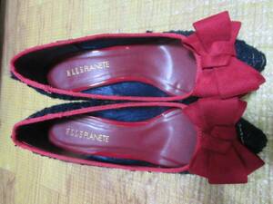 *1 times use ELLEPLANETE ribbon pumps lovely 24. navy blue red 