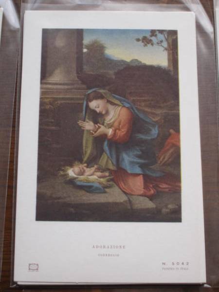 图片★科雷吉奥圣母崇拜婴儿基督★基督教绘画圣诞贺卡5, 古董, 收藏, 印刷品, 其他的
