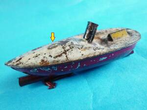  war front * tin plate boat *. type pedestal * steam boat * playing in water * former times toy retro * there is defect 