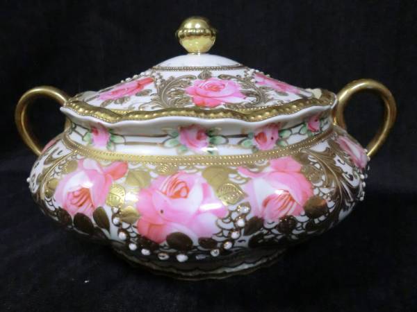 大!美品!1891初期オールドノリタケ金盛薔薇ビスケット入れ