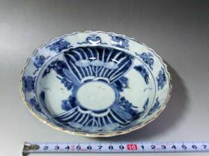 鉢■古い染付 青華 皿 巻物 扇 花唐草 平鉢 深皿 菓子器 古美術 時代物 骨董品■