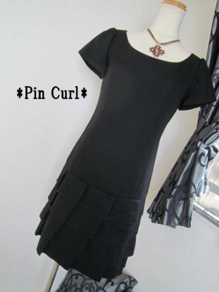 【美品】PIn Curl ピンカール 毛ウール100% ティアード半袖ワンピ 黒ブラック 38／送料無料！