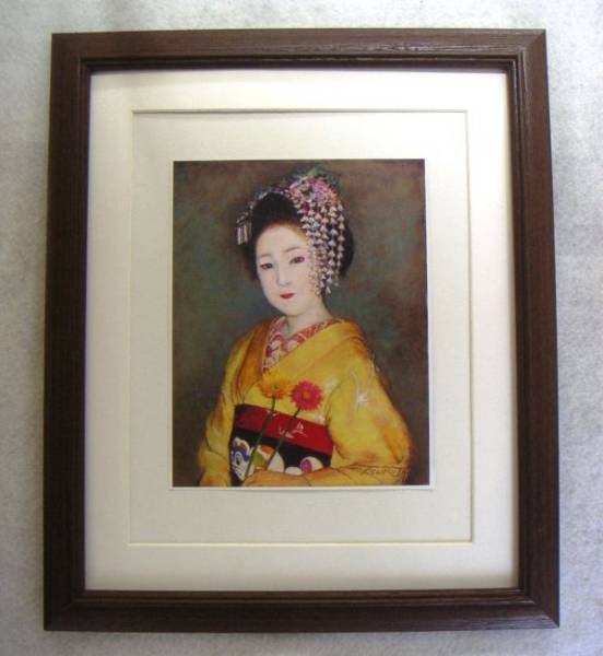 Eitaro Genda Maiko mit Gerbera-Blumen-Reproduktion, mit Holzrahmen, Sofortkauf, Malerei, Ölgemälde, Porträt