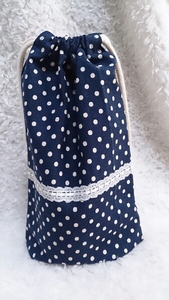 No.45 free shipping * hand made * lunch sack navy blue polka dot race & satin tape 