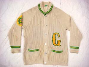  Vintage CLOVERDALE rare 40S~50S shawl color sponge gourd collar knitted cardigan rare badge patch green green trim size 42