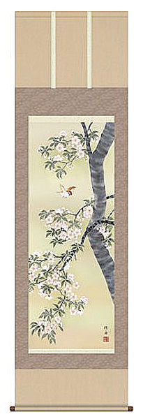 Pergamino colgante Flores de cerezo y pajaritos Nagae Keishu Shakugo Pergamino colgante Pintura Flores de cerezo Primavera, cuadro, pintura japonesa, flores y pájaros, pájaros y bestias