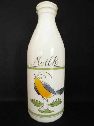 アメリカ　ビンテージボトル　アンティーク　ミルクガラス瓶　動物柄　ハンドペイント　鳥柄