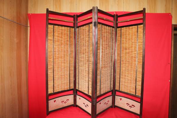 ■4枚折 時代 屏風/衝立■衝立四連木枠＆竹/ついたて/茶道具★