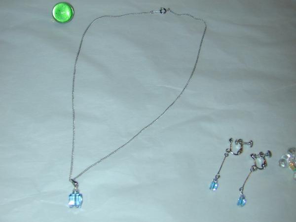 ★Handmade crystal cut glass perfume bottle motif pendant & earrings set Aqua new★, handmade, Accessories (for women), necklace, pendant, choker