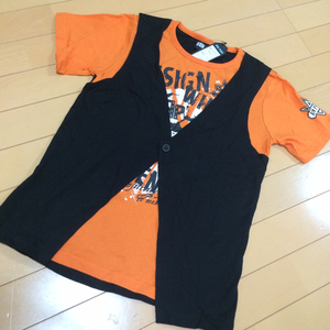 新品◆ジレ重ね着風ドクロTシャツ◆160オレンジ半袖