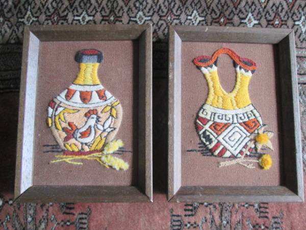 Rare! 70's American antique Native American vase embroidery wall hanging set of 2 made in USA/Chimayo Navajo Arizona store Kachina Ortega, Artwork, Painting, others