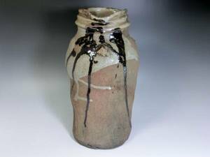 花瓶■耳付き チョコ釉薬 土物 水差し 古い花器 古美術 時代物 骨董品■